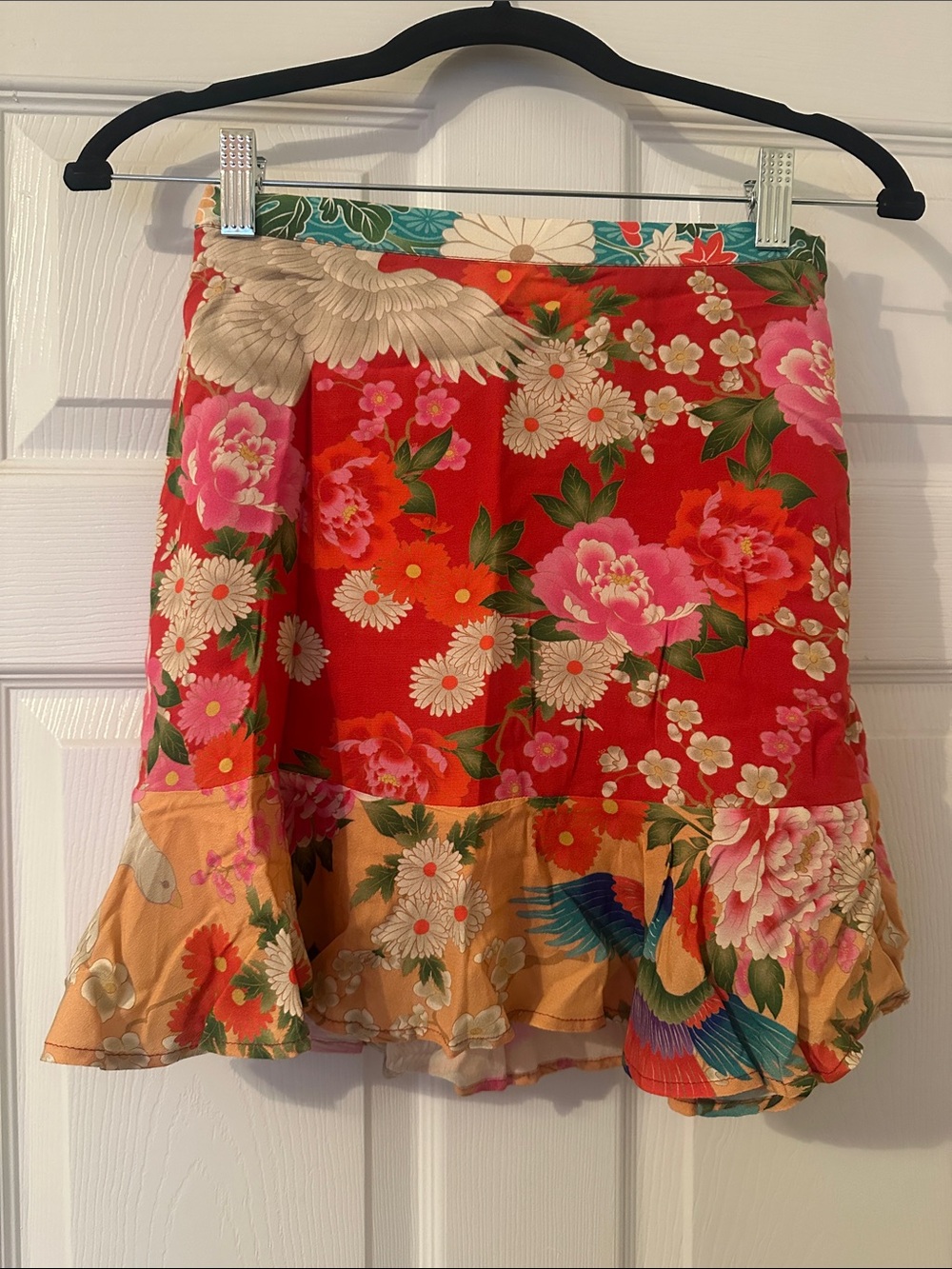 Red Floral Mini Skirt with Pink, Cream, and Blue Accents